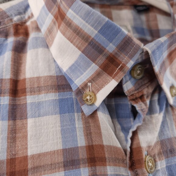 Johnnie-o Plaid Blue Brown Button Up Shirt Medium Lightweight Short Sleeve - Picture 9 of 13